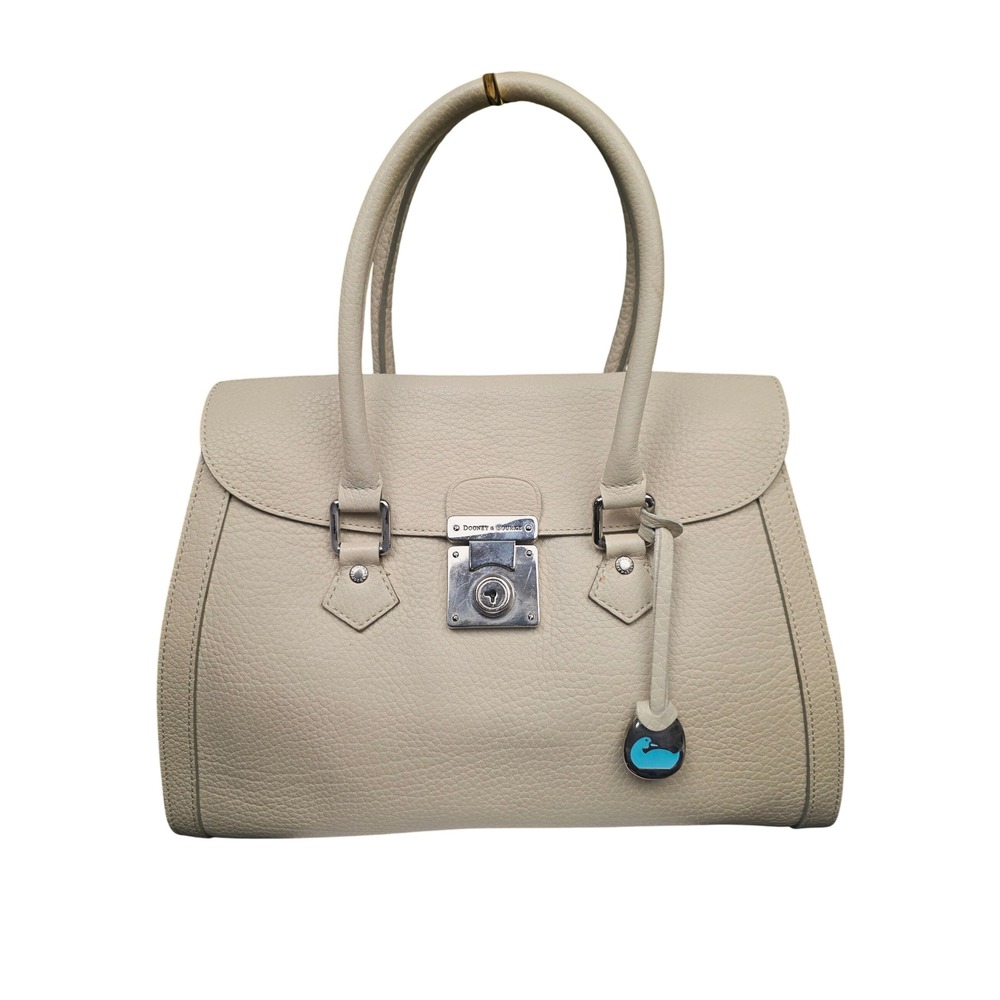 Dooney & Bourke Large Flap Satchel Cream Pebbled Leather Silver Lock Top Handle